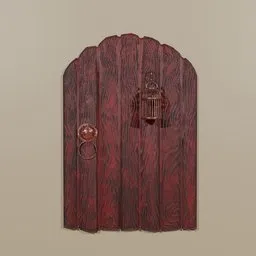"3D model of a wooden door with a bird cage and exquisite handle, perfect for various house themes. Rendered in Blender 3D and featuring soft red texture and dentils. Inspired by artist Michael Malm and suitable for use in Dungeons and Dragons."