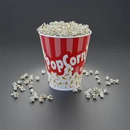 Realistic 3D model of a full popcorn box with scattered kernels, high-quality PBR textures, ideal for Blender rendering.