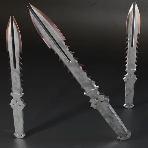 Detailed 3D sword model with high-quality metal textures, suitable for Blender war game design.