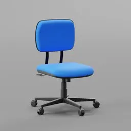 Blue upholstered adjustable 3D office chair model with wheels, designed for Blender rendering and subdivision control.