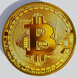 "A 3D model of a physical, golden Bitcoin on a white surface created using Blender 3D. The head and tail of the Bitcoin are identical in texture. Perfect for website banners and depicting wealth."
