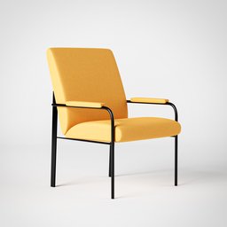 "High-quality 3D model of a yellow armchair with a black frame and yellow seat, created in Blender 3D software. Perfect for furniture designs or 3D visualizations. Product render by Oluf Høst, featuring tonal topstitching and a tall, thin frame."