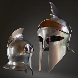Detailed ancient helmet 3D model with high-quality metal textures, designed for use in Blender, showcasing anatomical accuracy and shoe belt details.