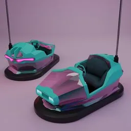Futuristic 3D-rendered bumper cars with neon accents, suitable for Blender 3D amusement park scenes.