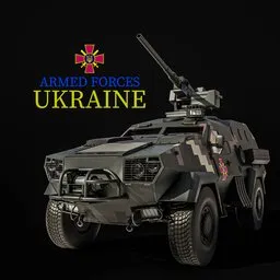 "Explore the Dozor-B, a Ukrainian ground military vehicle with a mounted gun, available as a detailed and lightweight 3D model designed in Blender 3D. Ideal for special units, reconnaissance, and peace-keeping operations, this armored car is now accessible for use in your projects. Made in 2019 with stunning retro-infographic style, this model is a must-have for military vehicle enthusiasts."