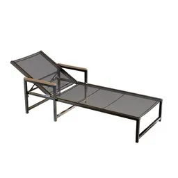 "Highly detailed 3D model of a black finish sun lounger for gourmet environments and swimming pools. This Blender 3D model showcases a glass top lounge chair with shape keys for backrest variation. Perfect addition to any outdoor furniture collection."