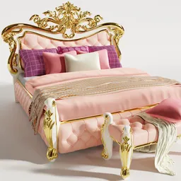 "Baroque style king size bed with pink leather cover and gold frame, rendered using Autodesk 3D. Photorealistic details in bone and ivory, perfect for game engine lighting. Easy-to-customize colors using RGB Curve. Blender 3D model by Mirabello Cavalori."