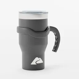 "Black matte finish coffee tumbler with handle on white background in Blender 3D. Ideal for outdoor adventures with peaks and rolling mountain design. Grey metal body and warm colored accents add to its sleek look."