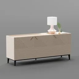 Detailed beige 3D model of a modern TV cabinet with accessories for Blender rendering.