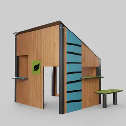 "CityPlex Villa 3D model, designed using Blender 3D software, featuring a wooden structure, green door, and a bench. Ideal for designing a playground and exercise area. Created by Kristin Nelson."