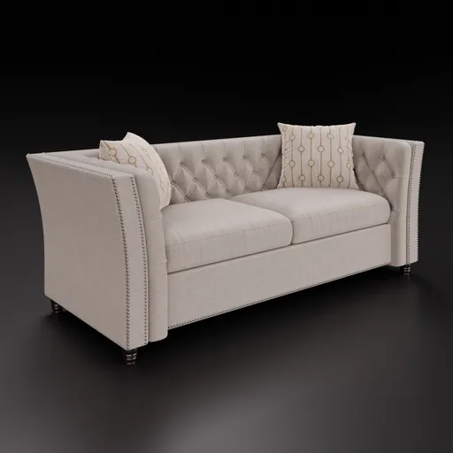 Realistic 3D model of tufted sofa with custom color option, detailed upholstery design, suitable for Blender visualization.