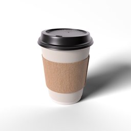 "Photorealistic paper coffee cup 3D model in Blender with brown lid and sleeve. Mask texture for customizable body color. Perfect for drink category in Blender 3D."