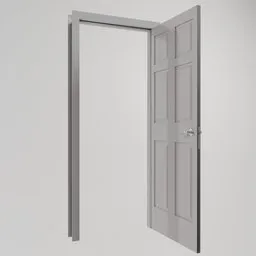 Highly detailed Blender 3D model of an open, panel-style American interior door with doorknob.