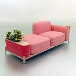 Modern pink double sofa 3D model with plant and side table, rendered in Blender.
