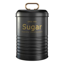 "Black metal sugar pot 3D model for Blender 3D - highly detailed, made from recycled materials with a gold lid. Perfect for kitchen storage and organization."
