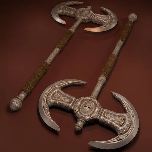 Detailed Blender 3D model of a fantasy greataxe with golden accents and leather grip, ideal for game asset design.