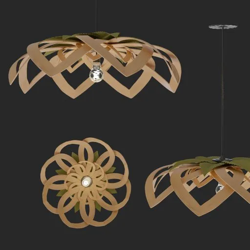 3D Blender model of a detailed wooden flower-shaped ceiling light with a intricate design, shown in multiple views.