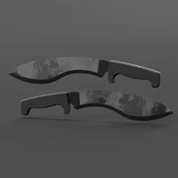 "Get your hands on a detailed and realistic military and hunting knife 3D model for Blender 3D. Perfect for game or animation projects in this style, with textured skin and torn edges, inspired by renowned artists Aleksander Orłowski, Nathaniel Hone, and Hinchel Or."