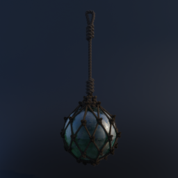 "Medieval Glass Buoy - 3D model for Blender 3D. This traditional Mediterranean buoy features a glass ball enclosed in a rope net. Perfect for fantasy and D&D environments with its labradorite-inspired texture and charges of explosives."