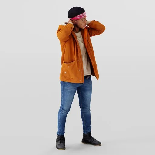 Contemplative young male 3D model with hands behind head in casual attire for Blender rendering.