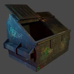 Weathered 3D garbage container model with graffiti, optimized for Blender urban scene design.