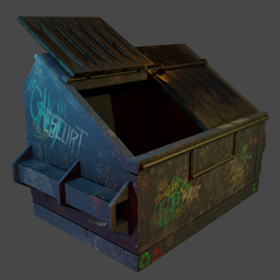 "Industrial garbage container in Blender 3D with realistic graffiti and an open door. Perfect for street design and landfill scenes. Hard surface model suitable for use in mobile game development and cinematic concept art."