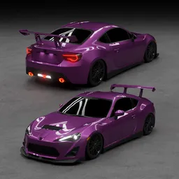 Detailed Blender 3D rendering of rigged purple Toyota G86 with custom spoiler.