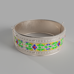 "Highly detailed 3D model of a Berber-inspired silver bracelet with colorful enamel design, created in Blender software"