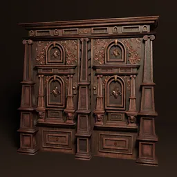 "Antique Victorian Cabinet 3D Model for Blender 3D - A highly detailed wooden cabinet with brass panels and intricate ornaments. Perfect for Baroque style designs and inspired by Sophie Anderson's style. Created by Líviusz Gyulai and available in 64x64 resolution."