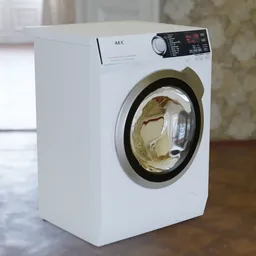 Detailed Blender 3D rendering of a modern front-load washing machine with digital controls.