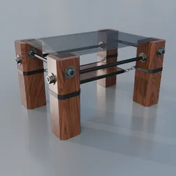 Modern 3D model of a stylish wood and glass table with metal accents for Blender rendering.