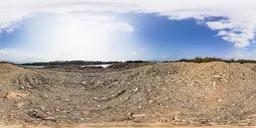 360-degree HDR panorama with stones, riverbank, and scattered clouds for natural scene lighting.