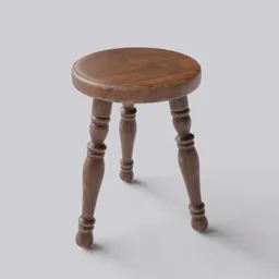 "Tripod Wood Stool 3D model for Blender 3D software. Textured with Substance, featuring a detailed 8k height and PBR material in 2K resolution. Perfect for game assets or reference art."