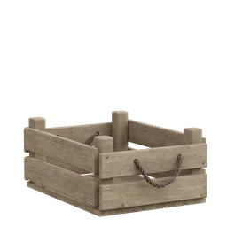 "Get realistic wooden crate 3D model with rope detailing for Blender 3D. Featuring 1k textures, scratches, and a large top lid, perfect for inventory items in outdoor scenes. Commercially ready and available at BlenderKit's elements category."