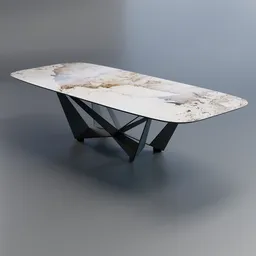"3D model of SKORPIO Keramik dinner table in Blender 3D, featuring a white marble top and black base. Artistically inspired by Thomas de Keyser, with intricate jagged edge detailing in laquer and steel. Perfect for adding elegance to virtual dining scenes. "