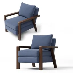 High-quality Blender 3D rendering of a modern blue upholstered lounge chair with wooden arms and legs.