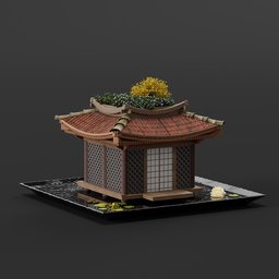 Detailed 3D pagoda-style flower pot with accompanying saucer, goldfish, and lotuses, ideal for Blender 3D projects.