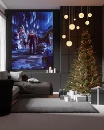 3D-rendered cozy room with Christmas tree and wall art display for festive interior design visualization.