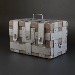 Realistic wooden chest 3D model with metal straps suitable for Blender game environment.