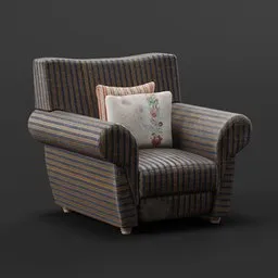 Detailed vintage-striped armchair with cushion, Blender 3D model.