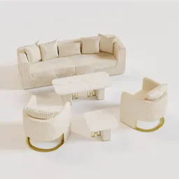Elegant 3D-rendered velvet sofa set with gold accents for Blender, including a loveseat, armchairs, and tables.