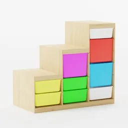 "Colorful stacked drawers on a wooden shelf, designed for efficient storage by Ikea. This Blender 3D model showcases micro details and vibrant tetris-inspired blocks. Perfect for creating realistic scenes with Redshift rendering, this 3D model offers versatility with its three available colors."