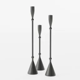 3D model of three sleek black taper candle holders with textured finishes for modern home decor.