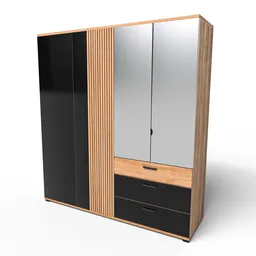 High-quality modern 3D wardrobe model with mirrored doors and drawers, designed for Blender rendering.
