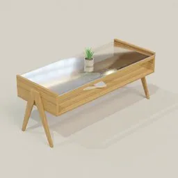 Detailed 3D model of a modern wooden coffee table with glass top for Blender rendering.
