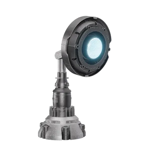 Highly detailed Blender 3D model of a futuristic lamp with articulated joints and glowing blue light.