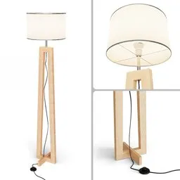"VILI Lamp: Floor lamp with a wooden base and white shade, featuring sleek legs and a tripod design, accompanied by a hybrid wooden side table. Equipped with an RGB LED bulb emitting a range of colors. Professional product shot displaying its moths-inspired wireframe models and circuitry."