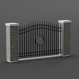 "Iron fence with brick pillars and clock gate, rendered in Autodesk 3D. This highly detailed 3D model in Blender features intricate fences and stone walls, with the option to control the segment count using the array modifier on the 2nd segment. Perfect for architectural projects and 3D designs in Blender 3D."