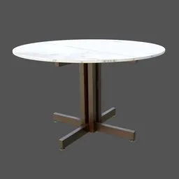 Realistic Blender 3D model of a round marble-top table with wooden legs in a mid-century style.