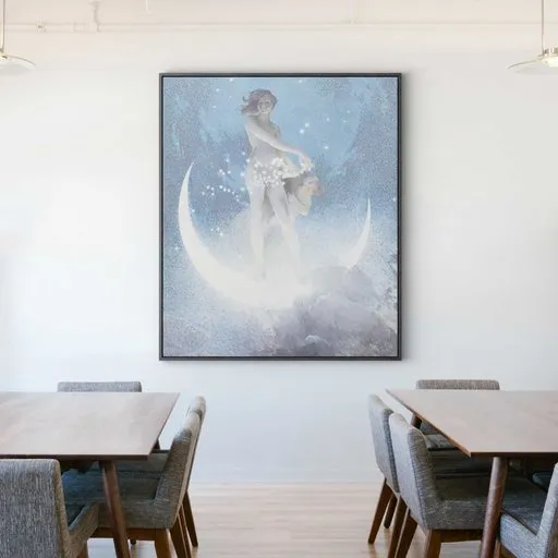 Detailed 3D model of a vintage celestial artwork with woman and crescent moon for Blender.